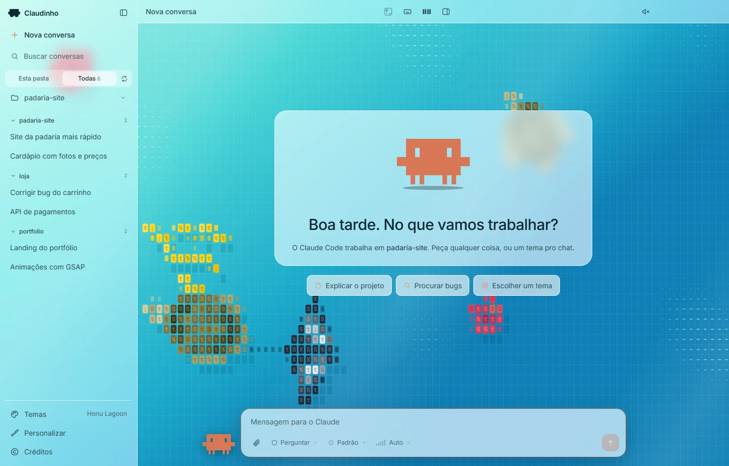 Tela inicial do Claudinho com o Clawd grande, a saudação e as sugestões, sobre o tema Honu Lagoon com tartarugas em ASCII.